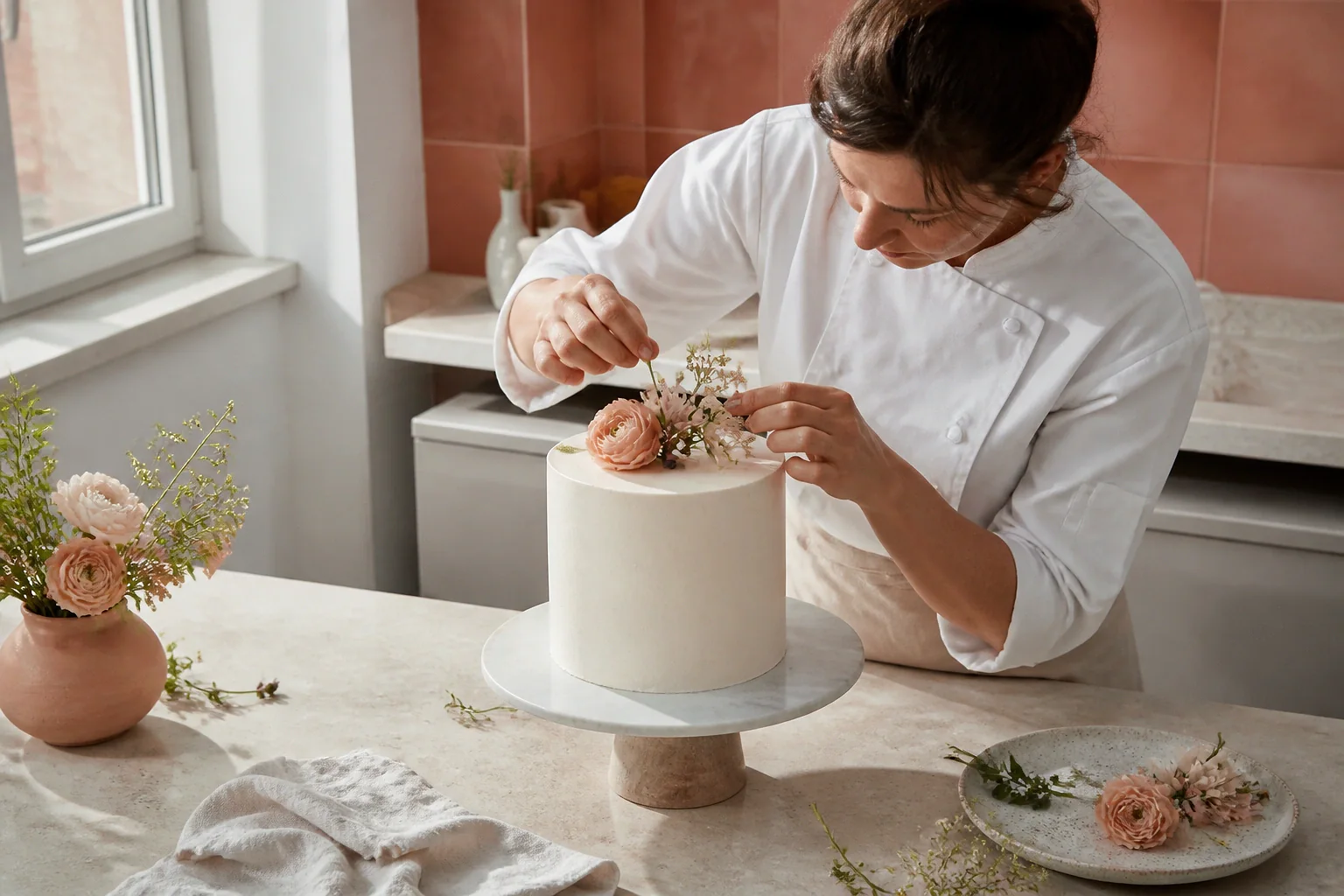Gâteau de mariage préparé dans un atelier — illustration générée par IA