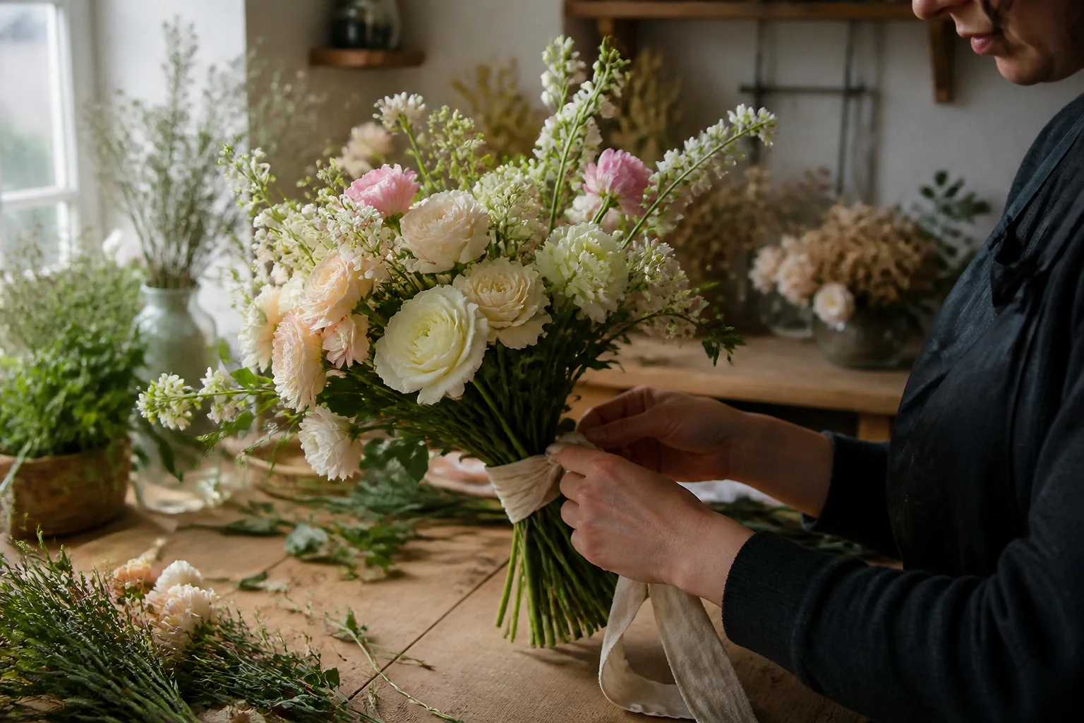 Préparation florale pour un mariage — illustration générée par IA