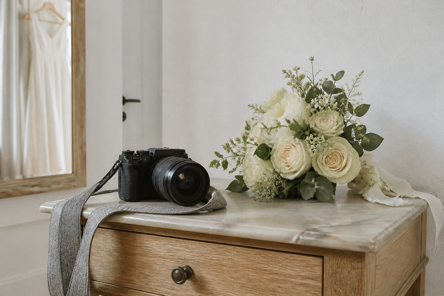 Appareil photo et accessoires de reportage de mariage — illustration générée par IA