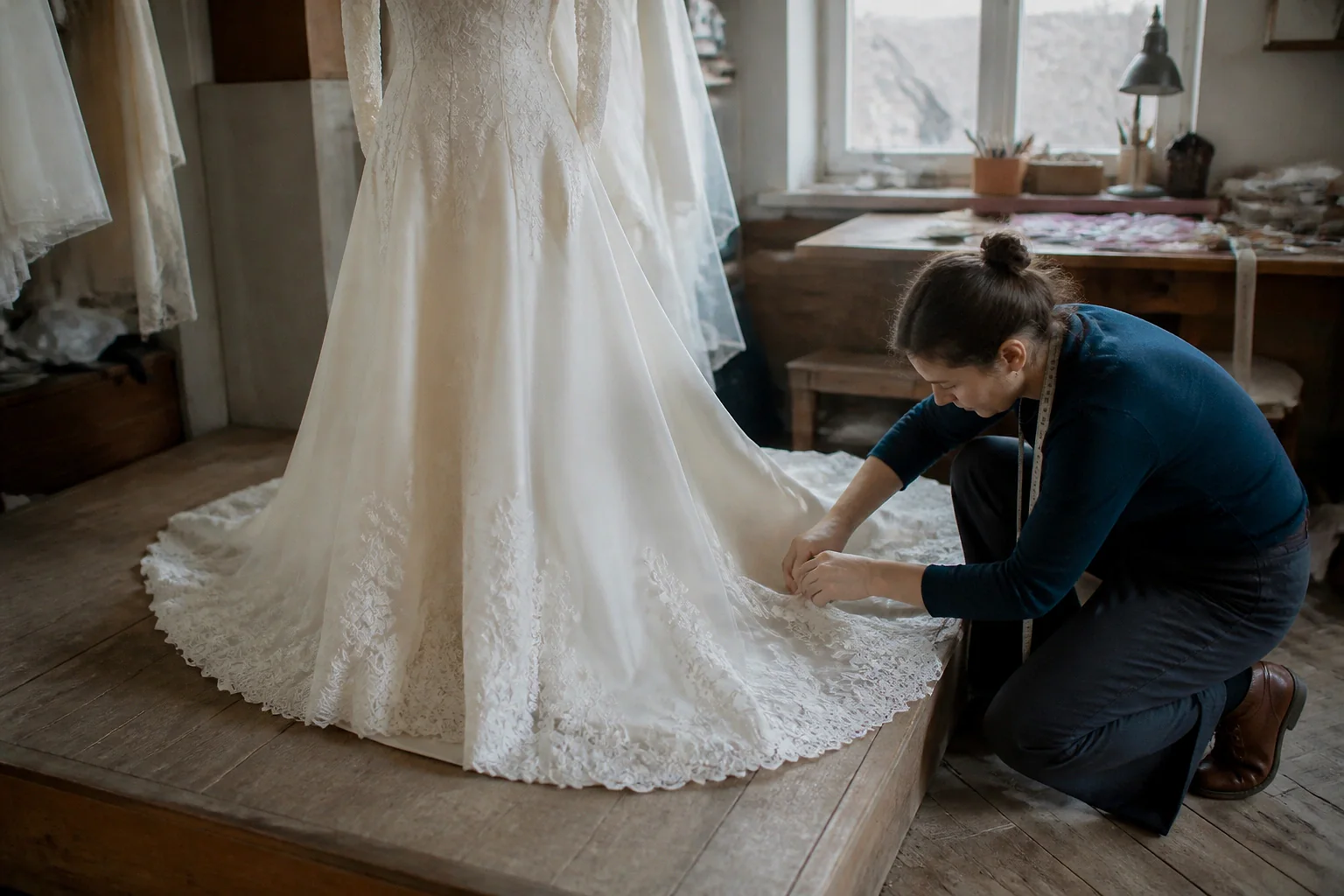 Robe de mariée dans un atelier de confection — illustration générée par IA