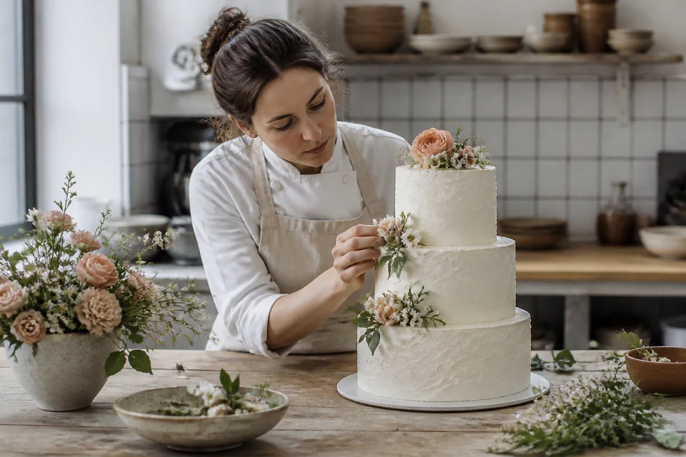 Gâteau de mariage préparé dans un atelier — illustration générée par IA