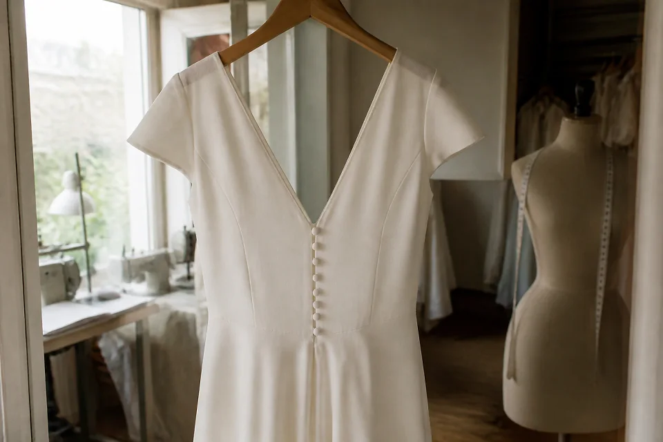 Robe de mariée dans un atelier de confection — illustration générée par IA