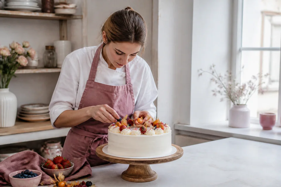 Gâteau de mariage préparé dans un atelier — illustration générée par IA