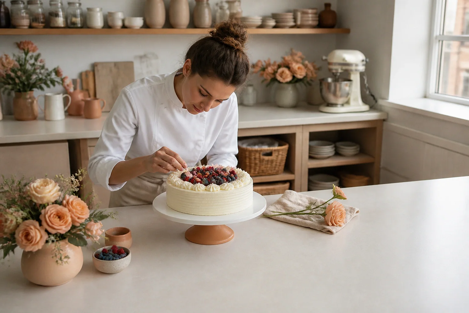 Gâteau de mariage préparé dans un atelier — illustration générée par IA