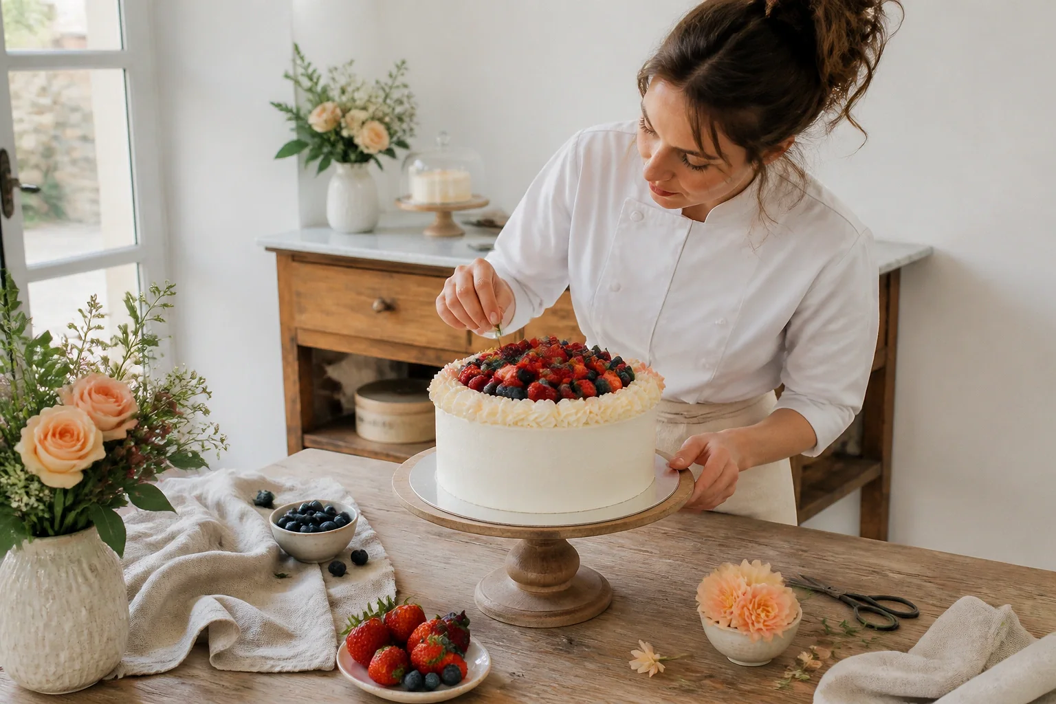 Gâteau de mariage préparé dans un atelier — illustration générée par IA