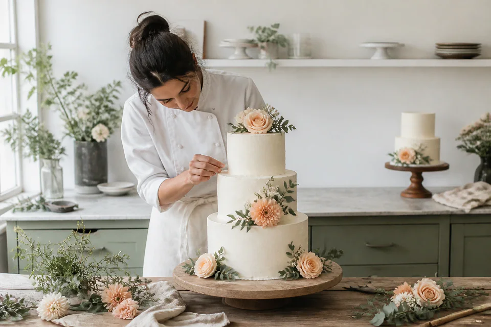 Gâteau de mariage préparé dans un atelier — illustration générée par IA