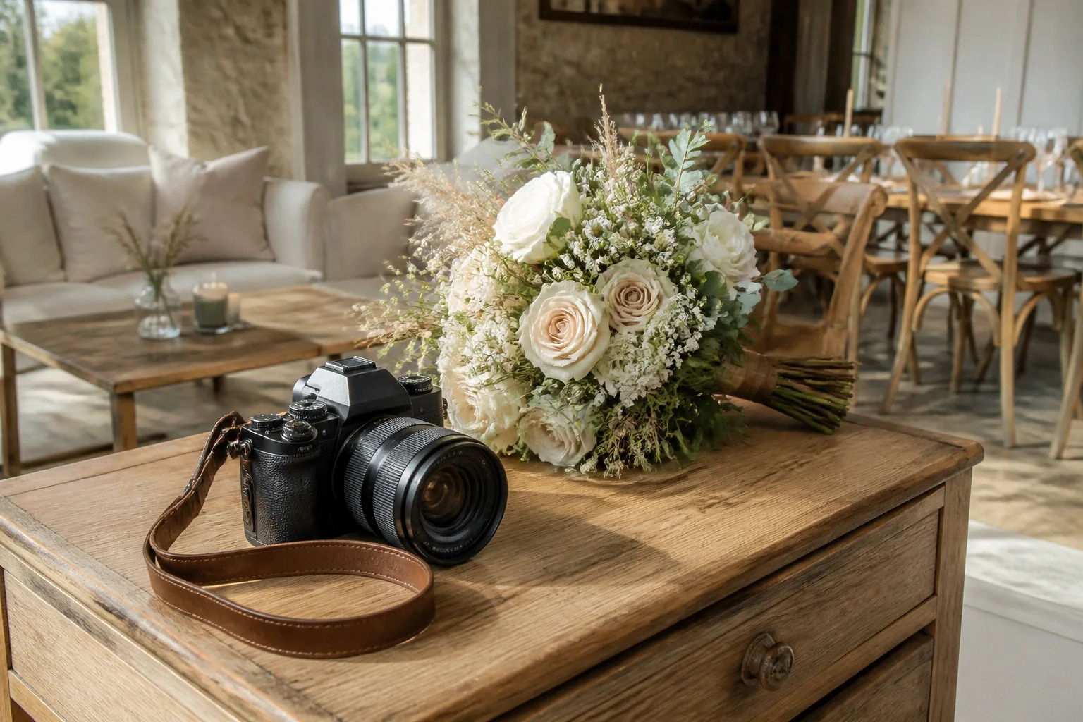 Appareil photo et accessoires de reportage de mariage — illustration générée par IA