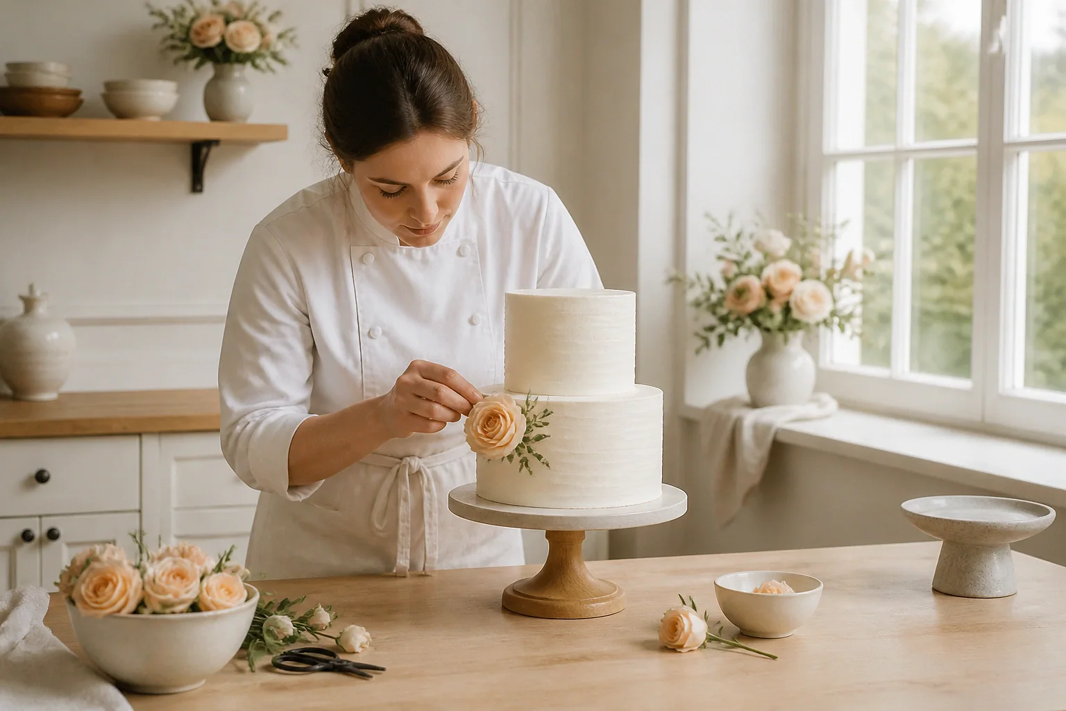 Gâteau de mariage préparé dans un atelier — illustration générée par IA