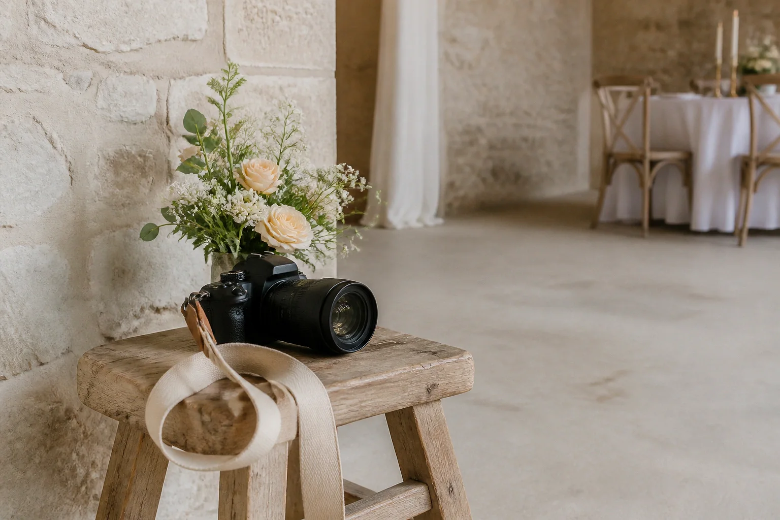 Appareil photo et accessoires de reportage de mariage — illustration générée par IA