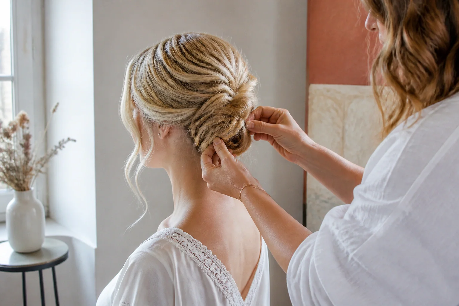 Coiffure de cérémonie vue pendant la préparation — illustration générée par IA