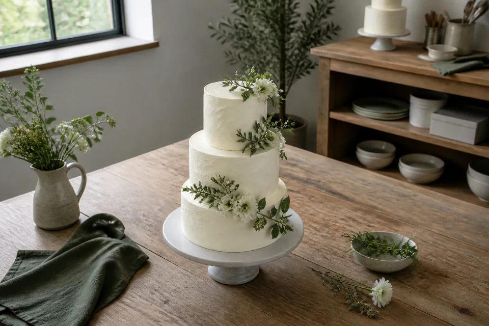 Gâteau de mariage préparé dans un atelier — illustration générée par IA