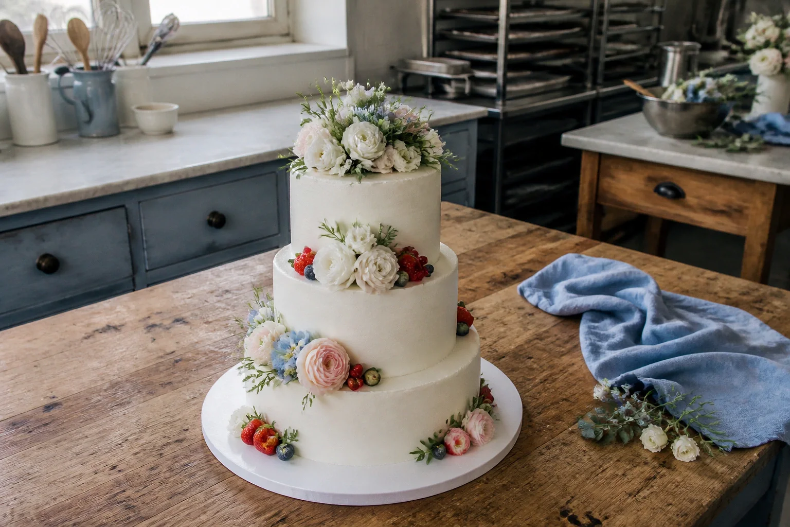 Gâteau de mariage préparé dans un atelier — illustration générée par IA