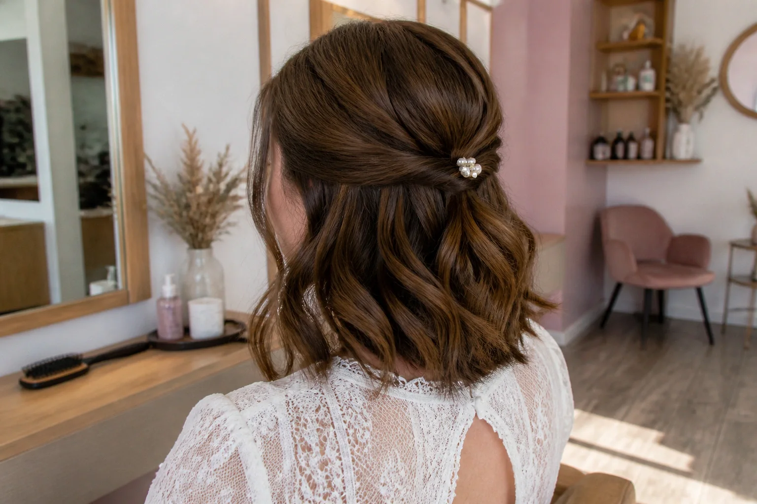 Coiffure de cérémonie vue pendant la préparation — illustration générée par IA