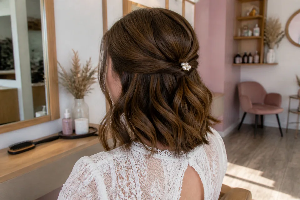 Coiffure de cérémonie vue pendant la préparation — illustration générée par IA