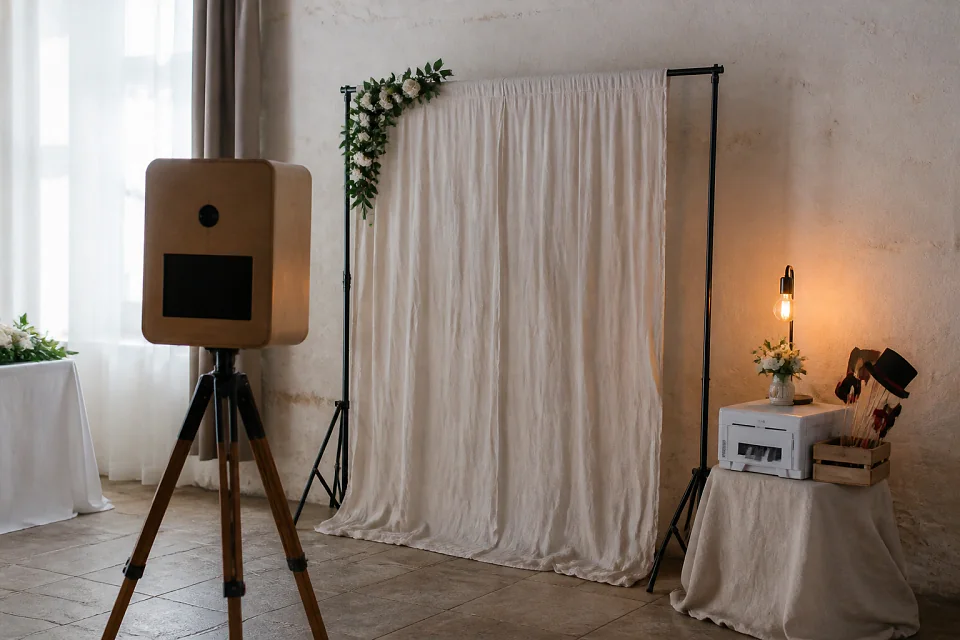 Borne photo installée pour une réception de mariage — illustration générée par IA