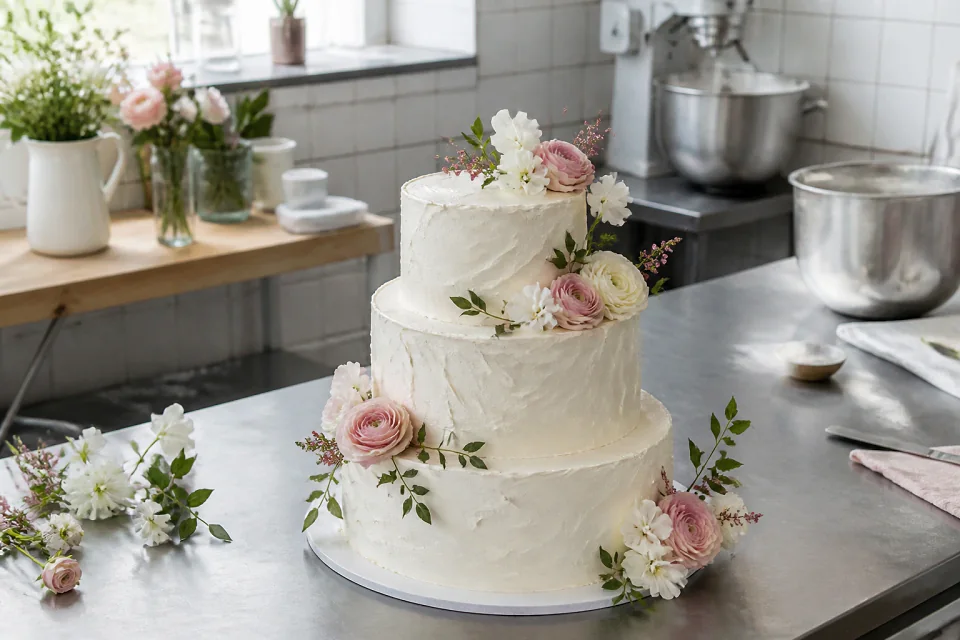 Gâteau de mariage préparé dans un atelier — illustration générée par IA