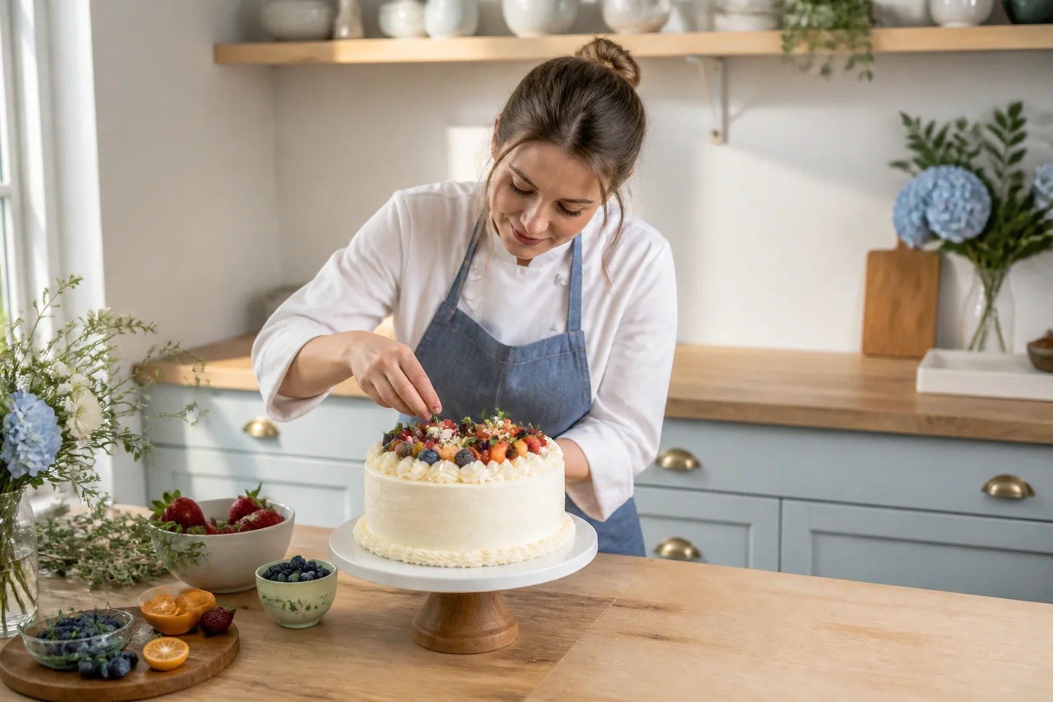 Gâteau de mariage préparé dans un atelier — illustration générée par IA