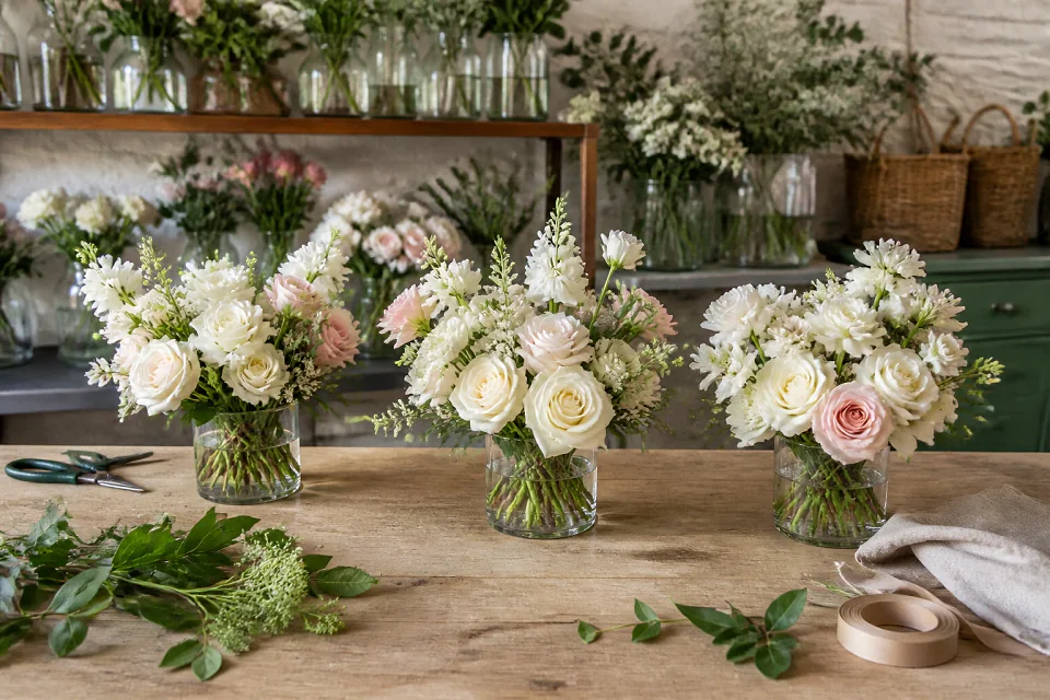 Préparation florale pour un mariage — illustration générée par IA