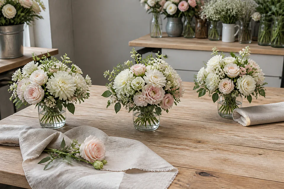 Préparation florale pour un mariage — illustration générée par IA