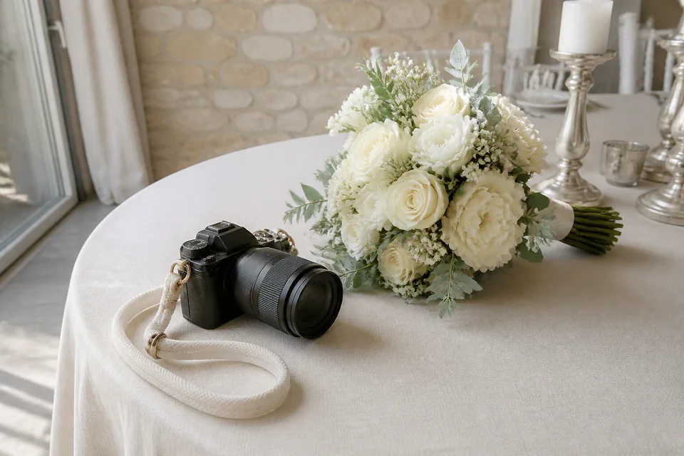 Appareil photo et accessoires de reportage de mariage — illustration générée par IA