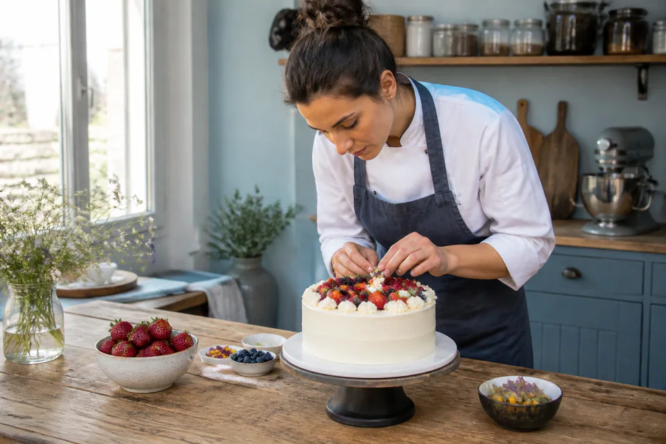 Gâteau de mariage préparé dans un atelier — illustration générée par IA