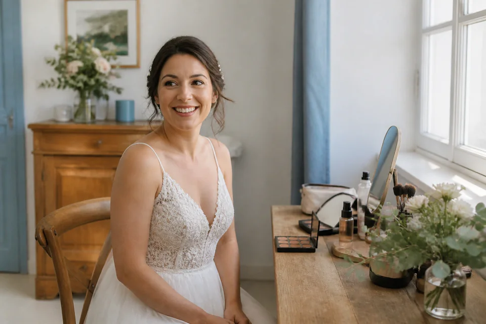 Préparation d’un maquillage de mariage — illustration générée par IA