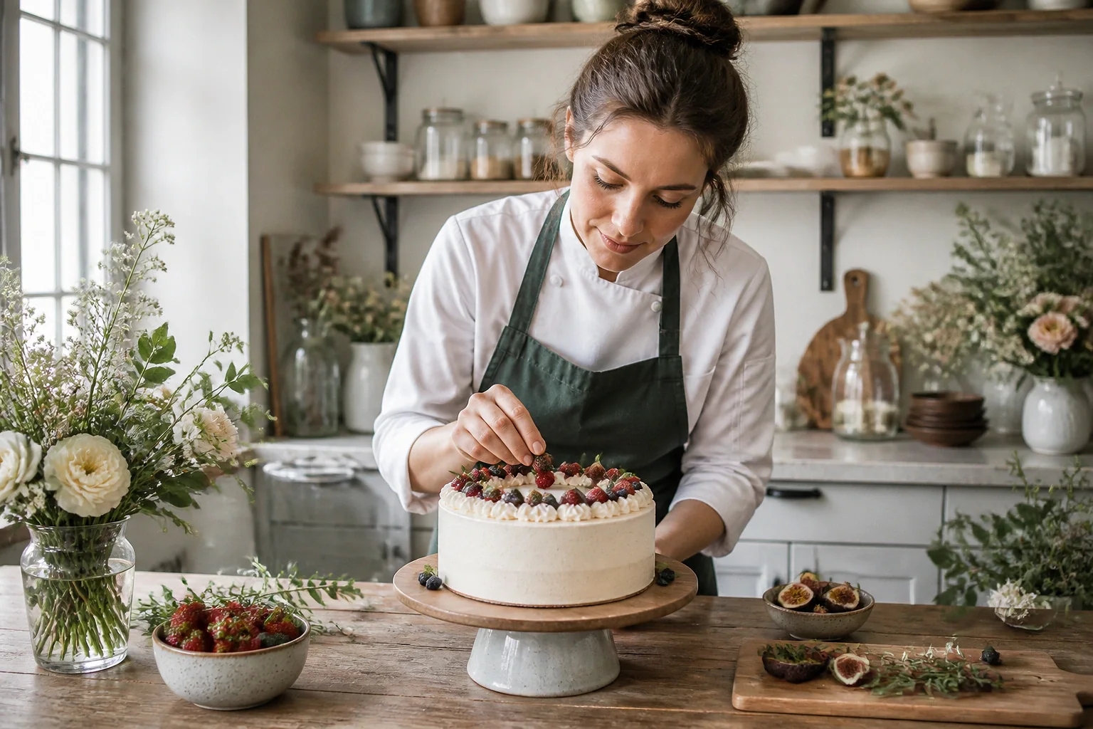 Gâteau de mariage préparé dans un atelier — illustration générée par IA