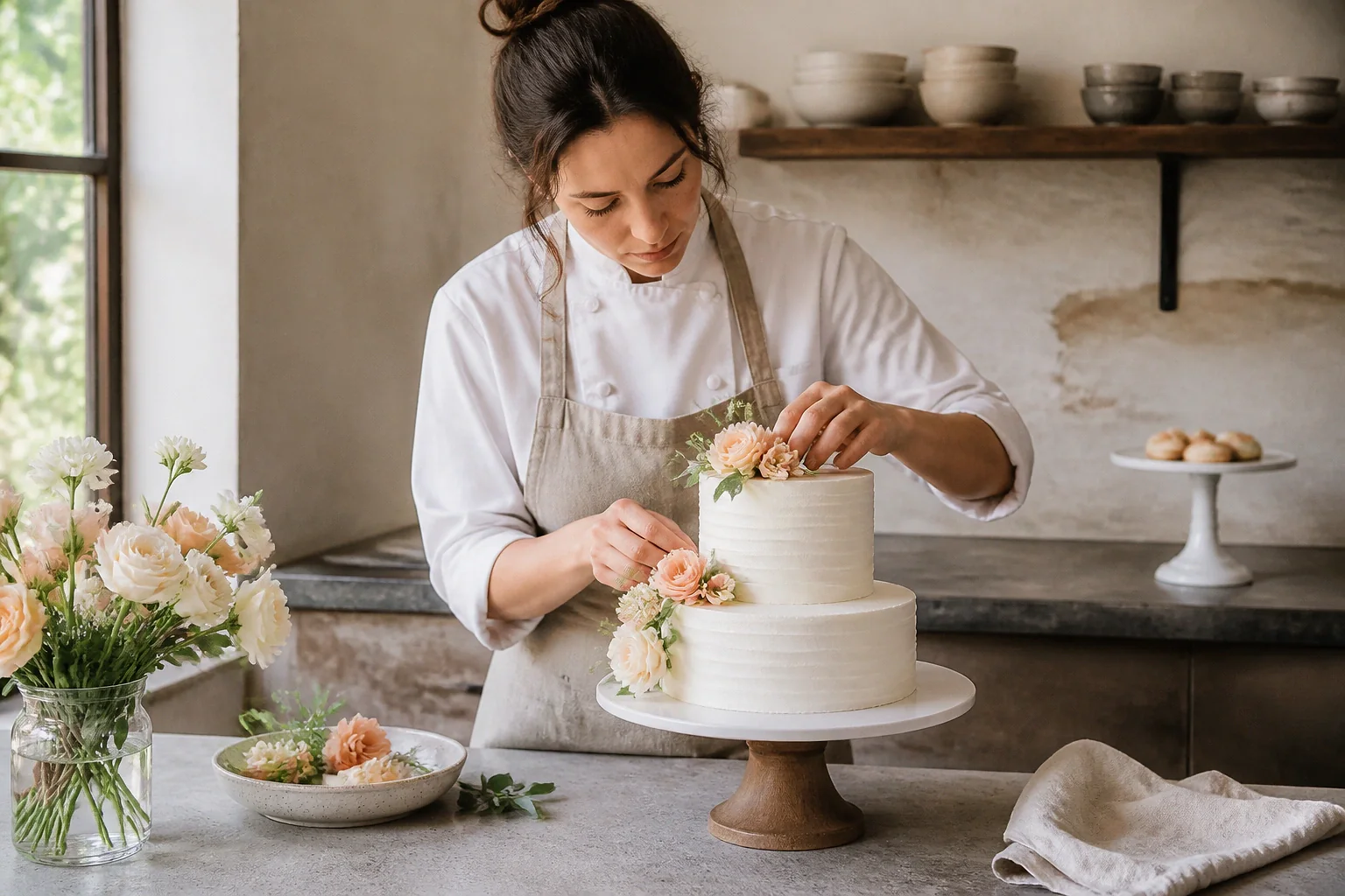 Gâteau de mariage préparé dans un atelier — illustration générée par IA