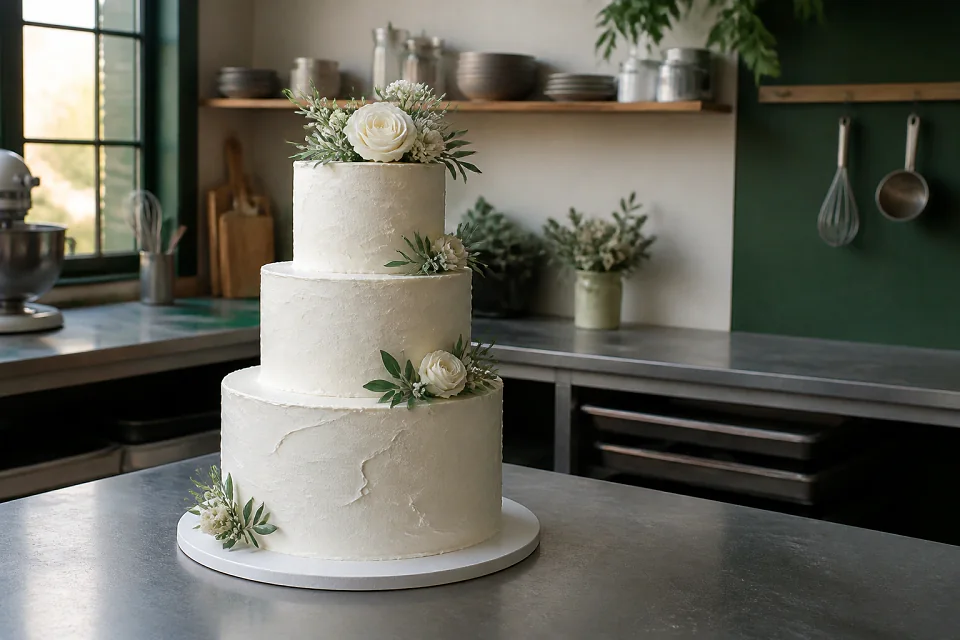 Gâteau de mariage préparé dans un atelier — illustration générée par IA