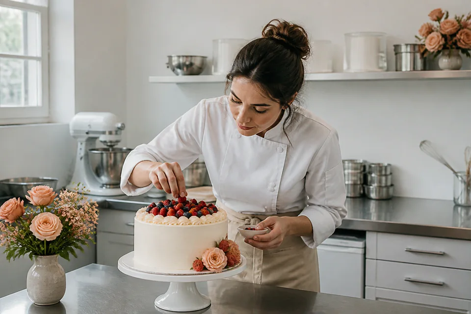 Gâteau de mariage préparé dans un atelier — illustration générée par IA