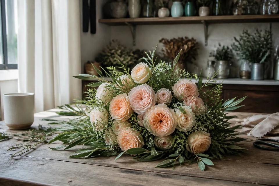 Préparation florale pour un mariage — illustration générée par IA