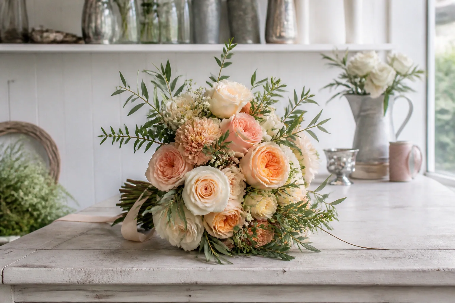 Préparation florale pour un mariage — illustration générée par IA