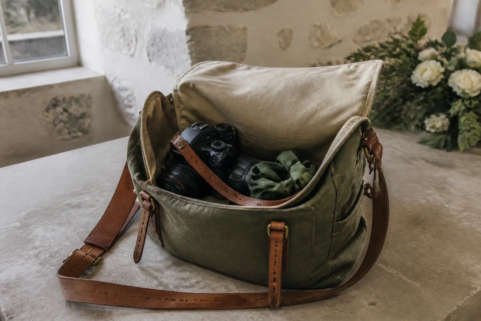 Appareil photo et accessoires de reportage de mariage — illustration générée par IA