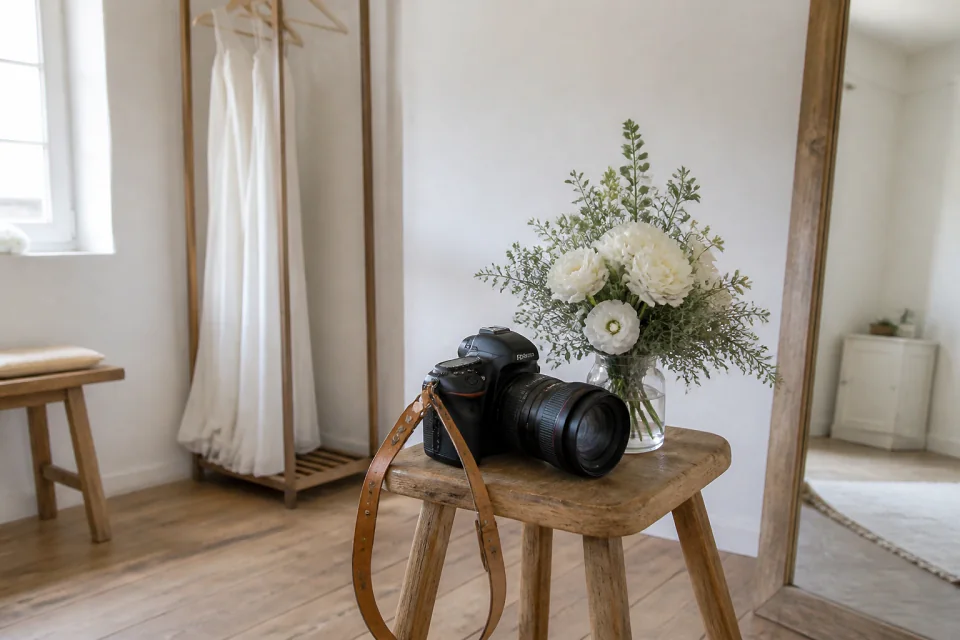 Appareil photo et accessoires de reportage de mariage — illustration générée par IA