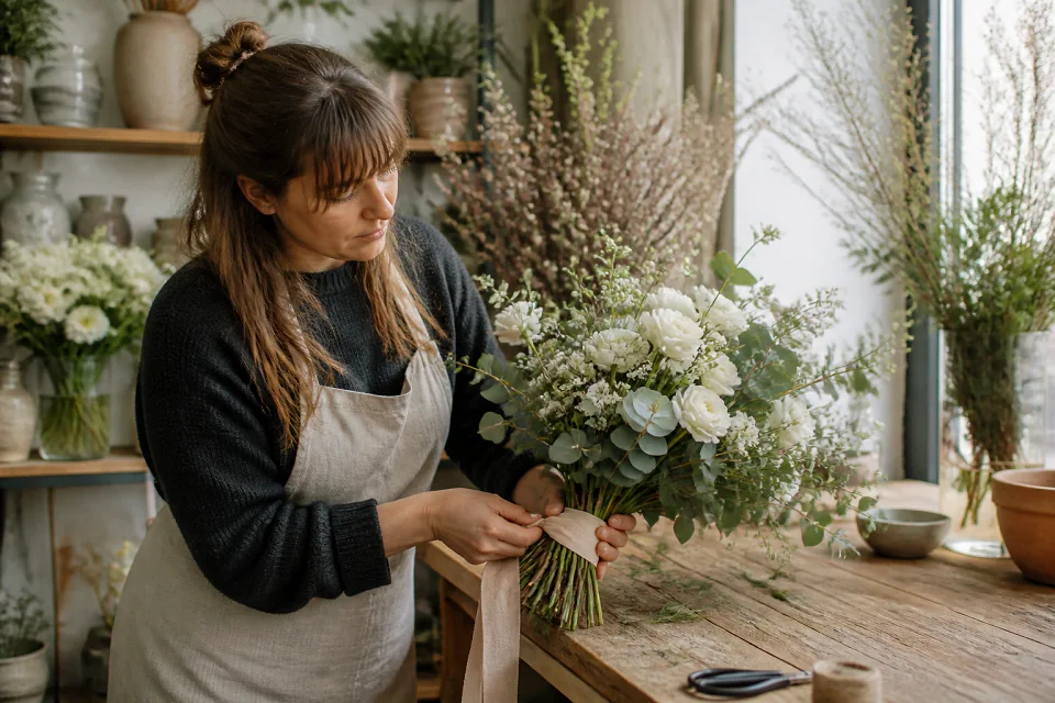 Préparation florale pour un mariage — illustration générée par IA