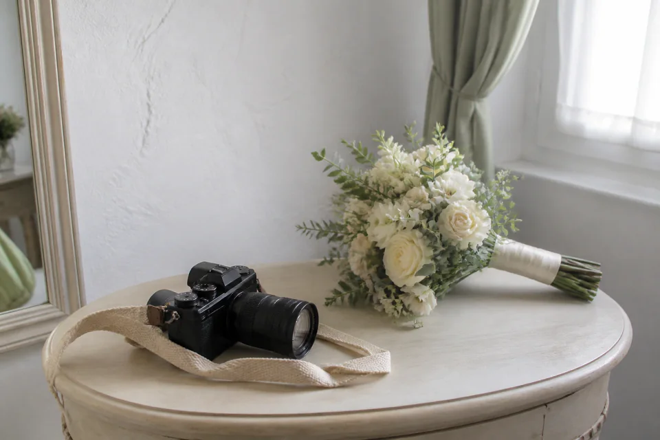 Appareil photo et accessoires de reportage de mariage — illustration générée par IA