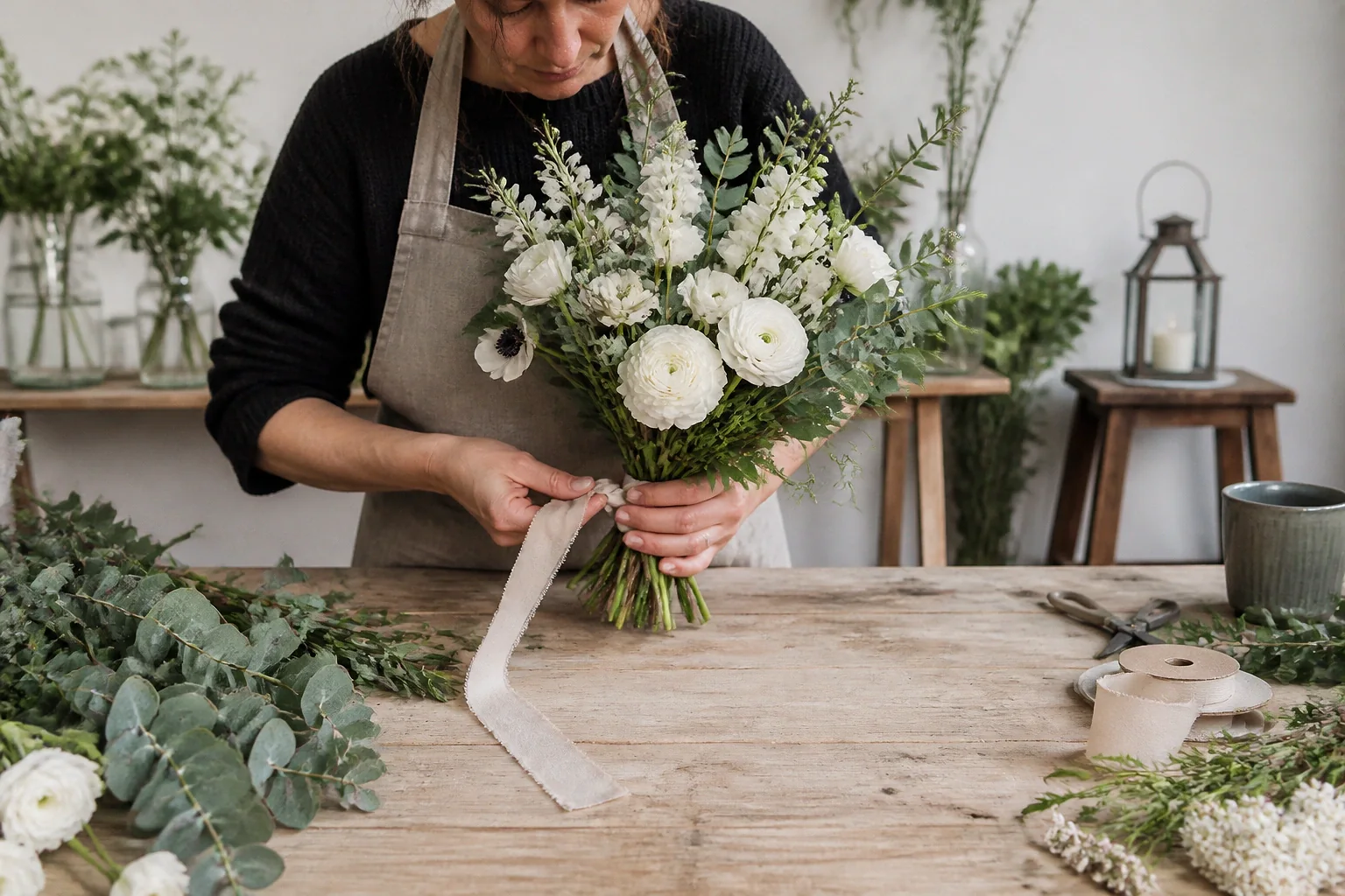 Préparation florale pour un mariage — illustration générée par IA