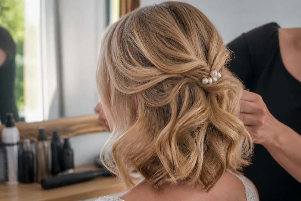 Coiffure de cérémonie vue pendant la préparation — illustration générée par IA