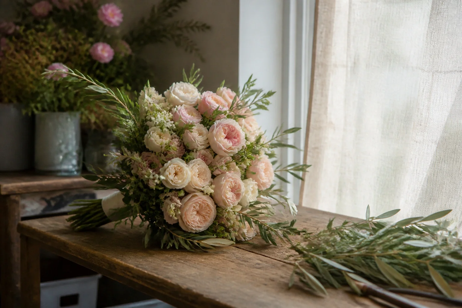 Préparation florale pour un mariage — illustration générée par IA