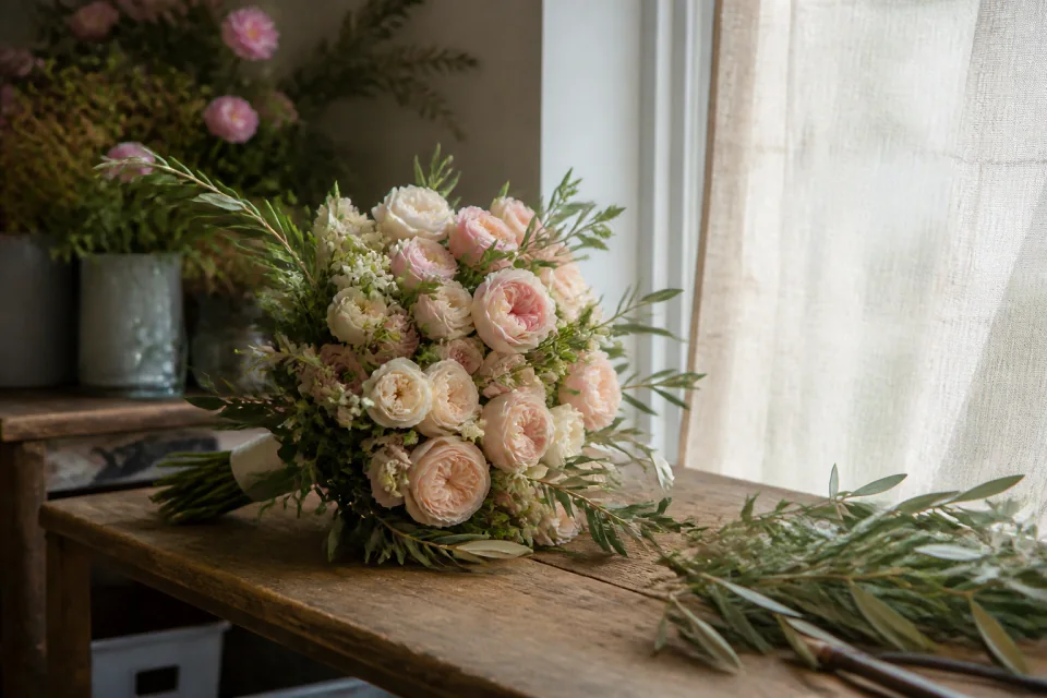 Préparation florale pour un mariage — illustration générée par IA