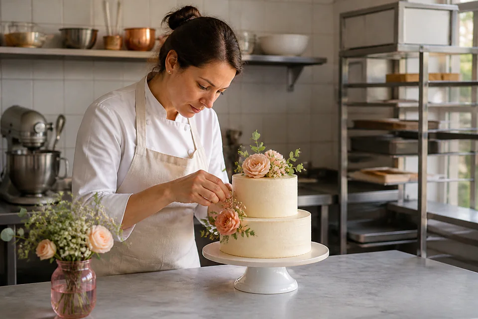 Gâteau de mariage préparé dans un atelier — illustration générée par IA
