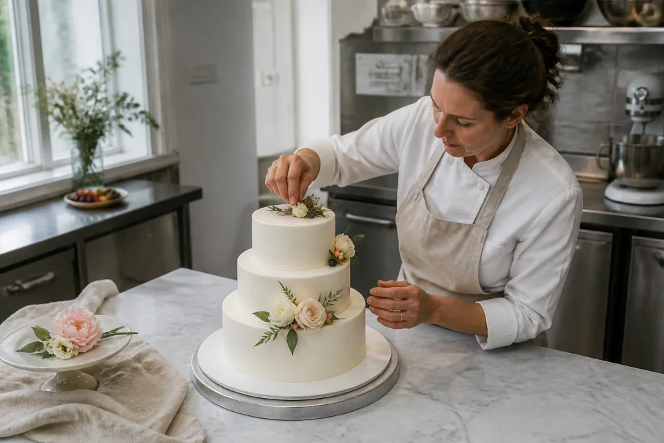 Gâteau de mariage préparé dans un atelier — illustration générée par IA