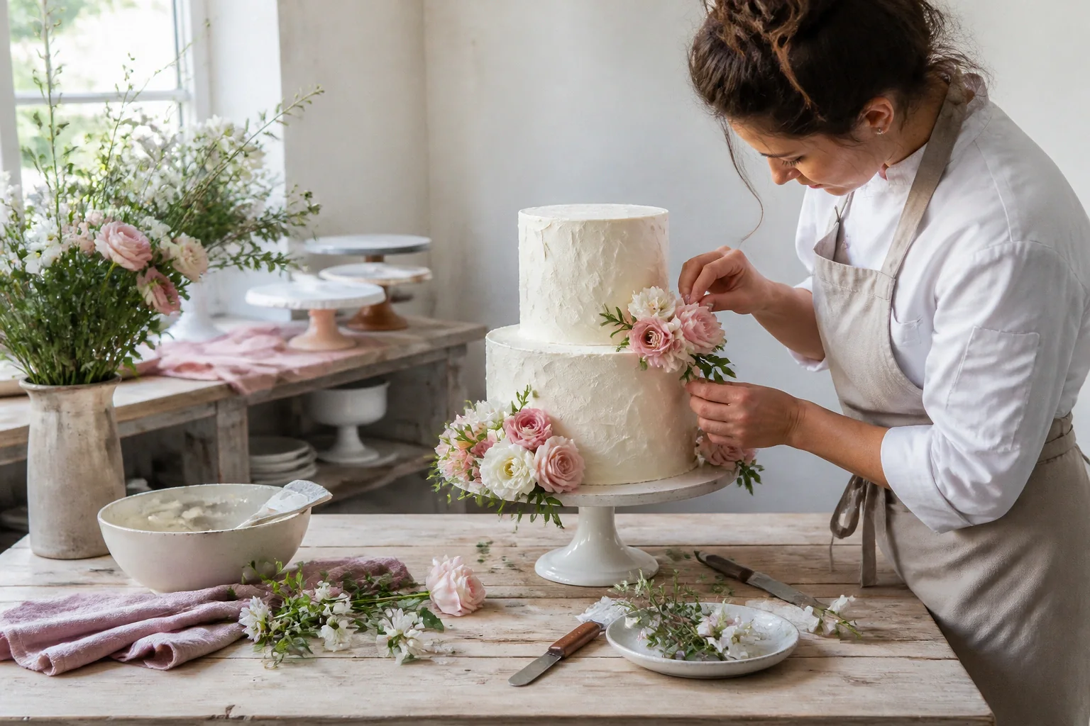 Gâteau de mariage préparé dans un atelier — illustration générée par IA