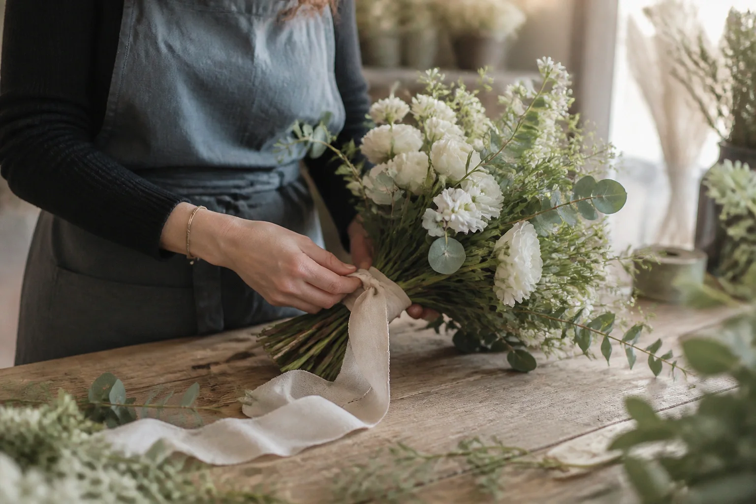 Préparation florale pour un mariage — illustration générée par IA