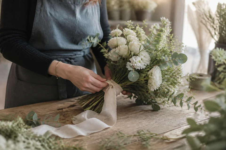 Préparation florale pour un mariage — illustration générée par IA