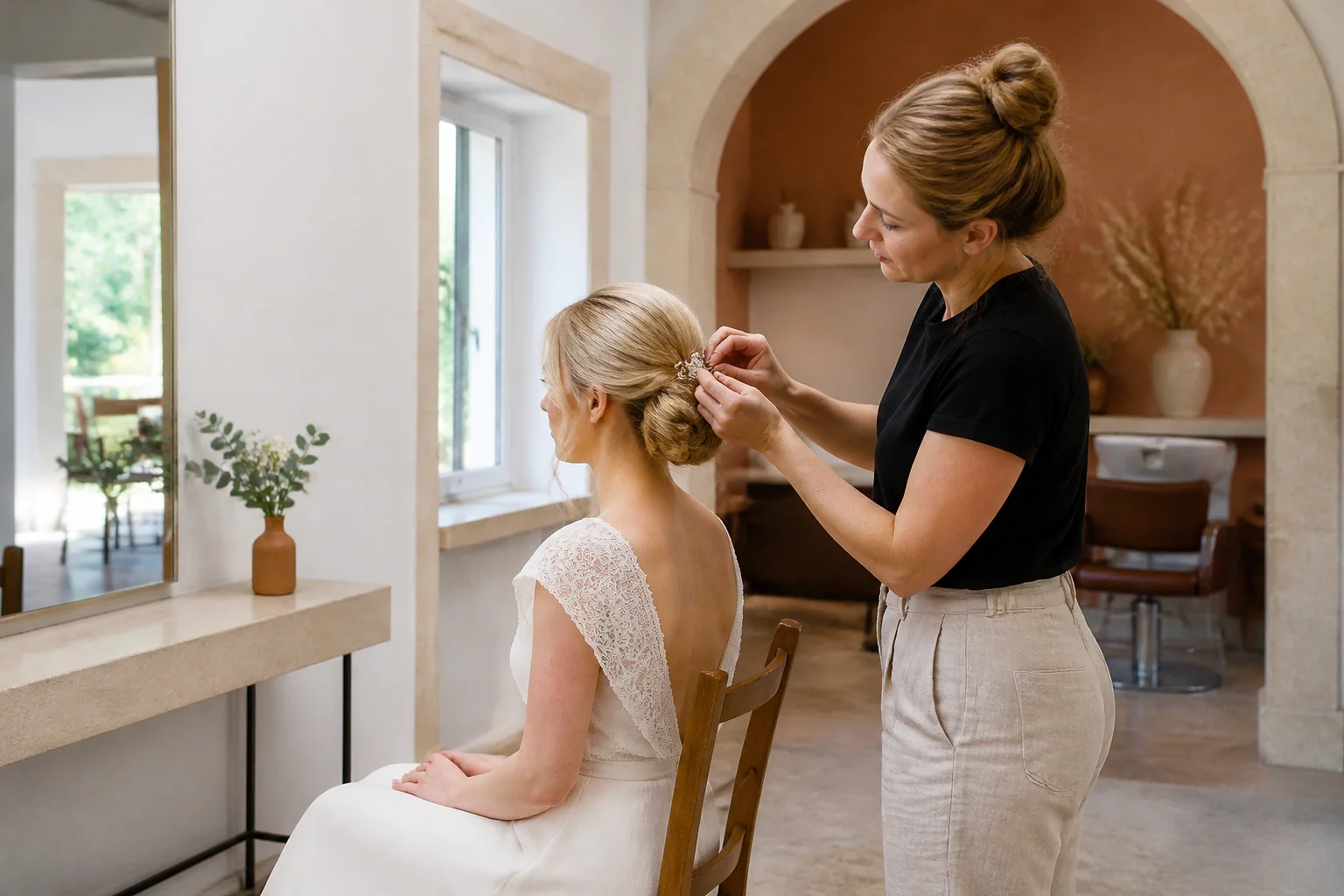 Coiffure de cérémonie vue pendant la préparation — illustration générée par IA