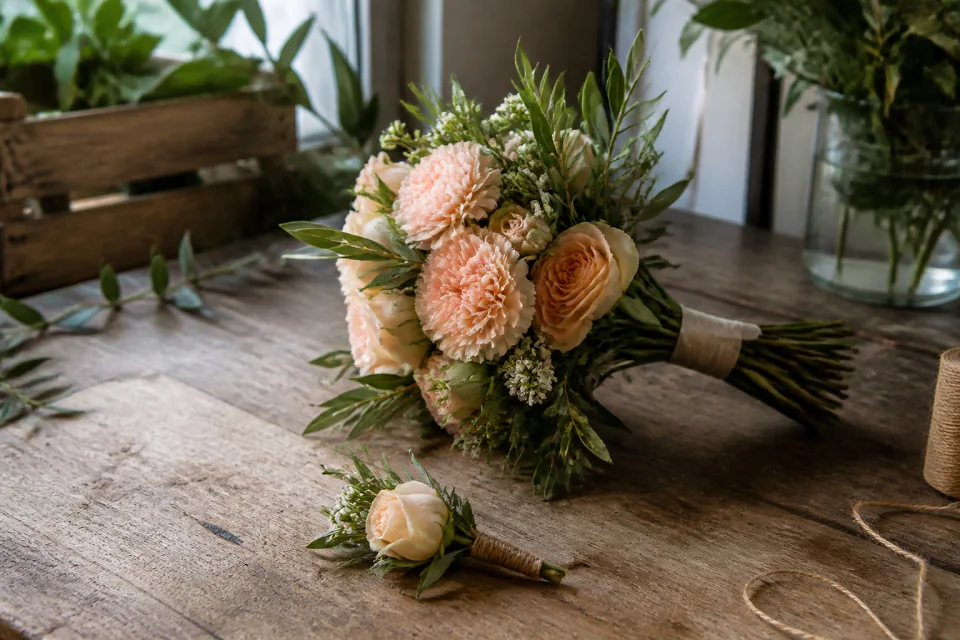 Préparation florale pour un mariage — illustration générée par IA