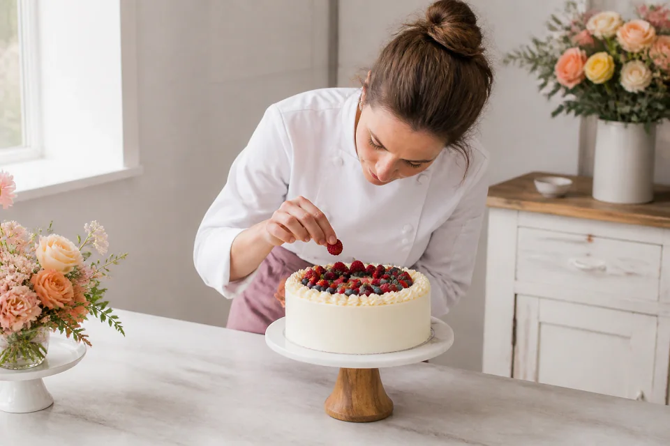 Gâteau de mariage préparé dans un atelier — illustration générée par IA
