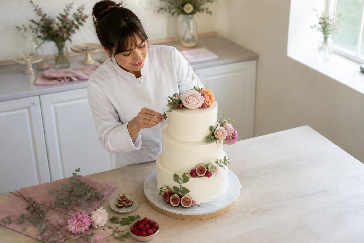 Gâteau de mariage préparé dans un atelier — illustration générée par IA