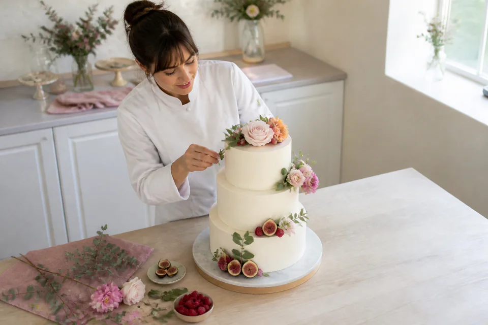 Gâteau de mariage préparé dans un atelier — illustration générée par IA